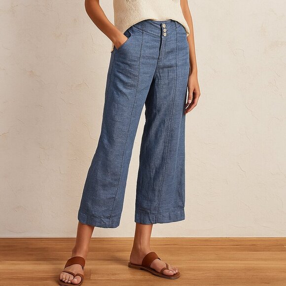 Cidra by Anthropologie Blue Linen Cropped Pants Size 12 100% Linen Wide Leg Summ - Picture 1 of 9